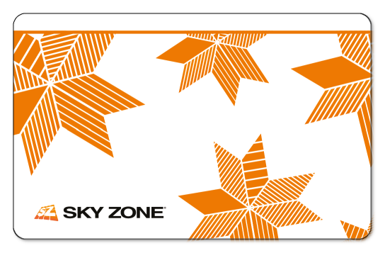 Solid white background with abstract striped orange stars, and a small Sky Zone logo in the bottom left corner.